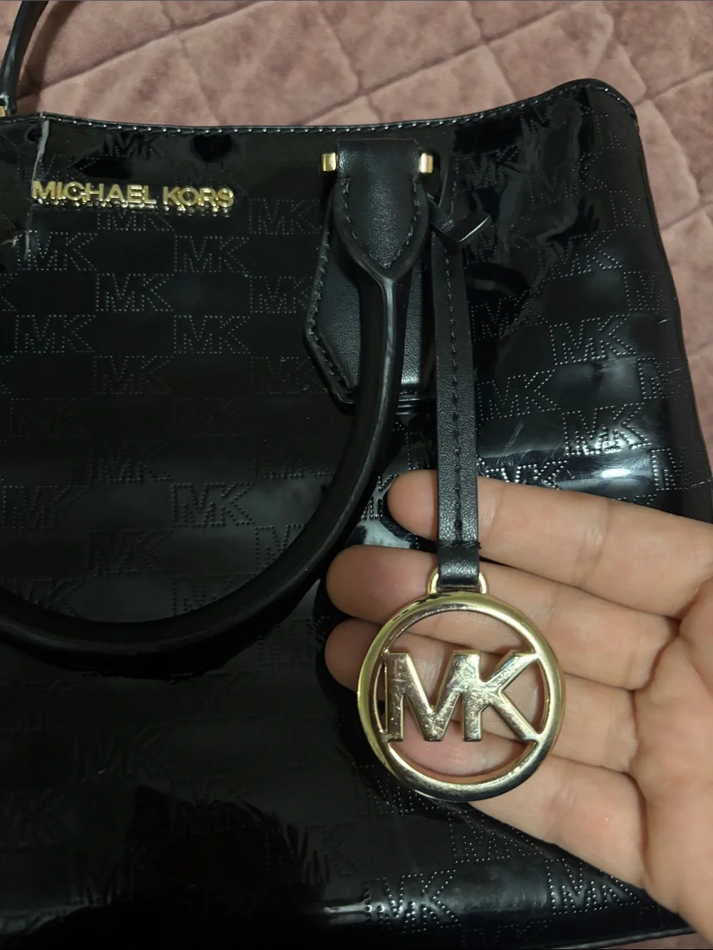 Michael Kors Black Patent Satchel with Gold MK Charm